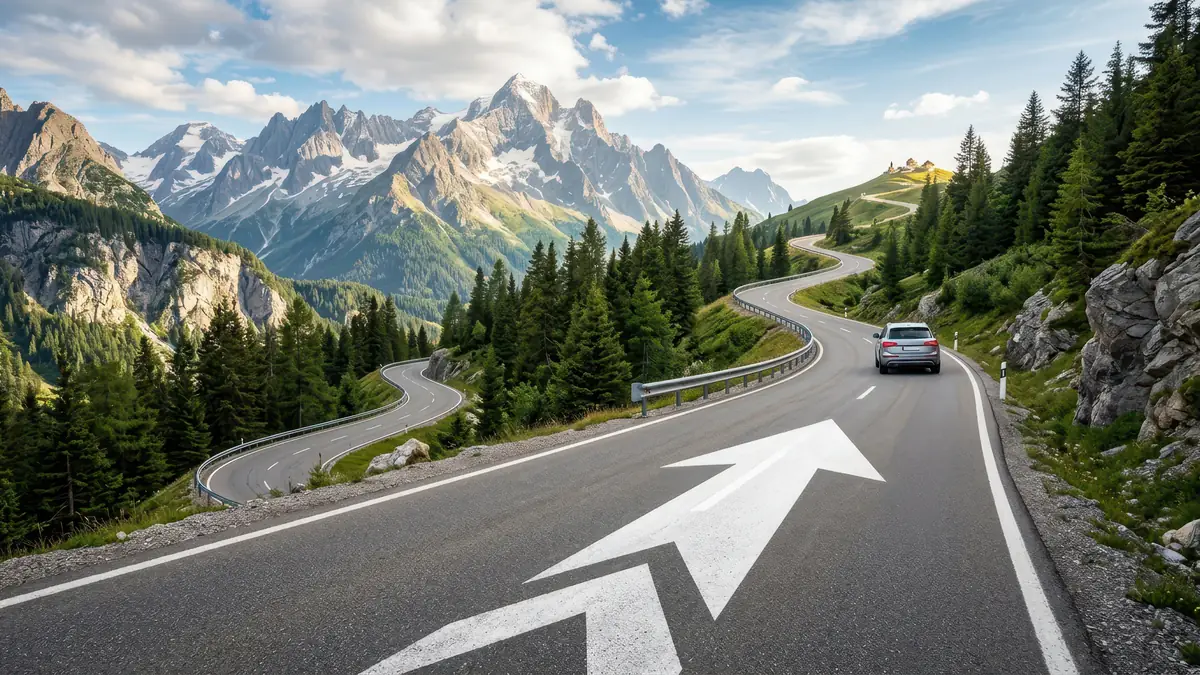 MPU umgehen: kurvige Bergstraße mit Richtungspfeil auf dem Asphalt, ein Auto fährt den Pass hinauf